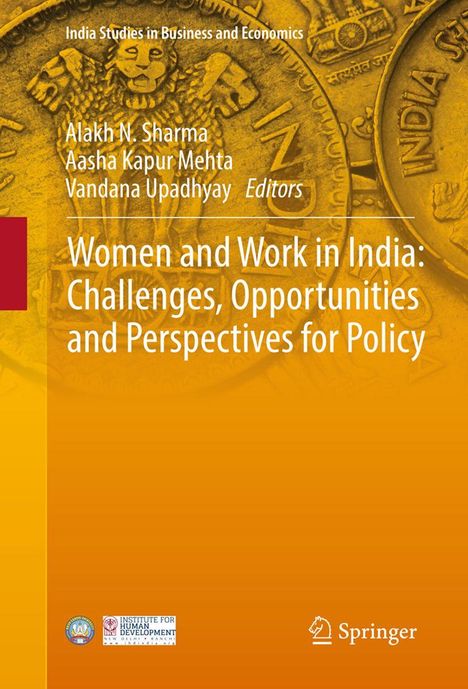Buchcover: „Women and Work in India: Challenges, Opportunities and Perspectives for Policy“. Hintergrund: indische Münzen.