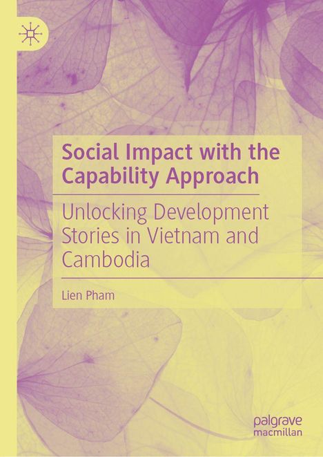 Titel: "Social Impact with the Capability Approach" von Lien Pham. Hintergrund mit blass violetten Blättern.
