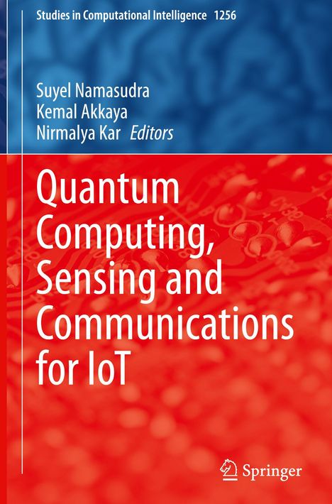 "Quantum Computing, Sensing and Communications for IoT" in weiß auf rotem Hintergrund, Logo unten.