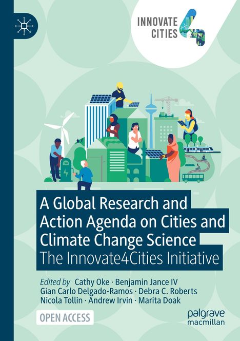 Ein Cover mit dem Titel „A Global Research and Action Agenda on Cities and Climate Change Science“. Szenen von Menschen in einer urbanen Umgebung, die moderne Technologie nutzen und nachhaltige Energiequellen integrieren.