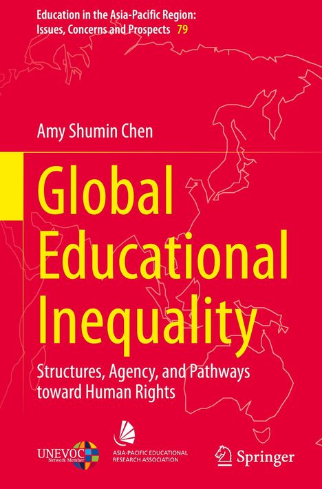 "Global Educational Inequality" in gelbem Text auf rotem Hintergrund mit Kartenumriss. Logos unten: UNEVOC, Asia-Pacific Ed Assoc.