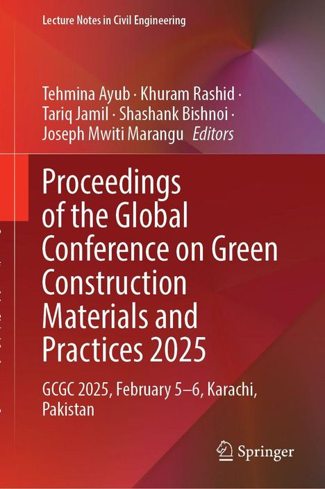 Buchtitel: Proceedings of the Global Conference on Green Construction Materials and Practices 2025. Rotes Cover, abstrakte Grafik.