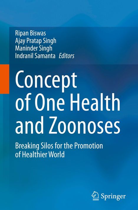 Blaues Buchcover mit dem Text: "Concept of One Health and Zoonoses: Breaking Silos for the Promotion of Healthier World".