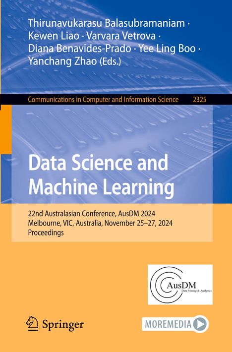 Ein Buchcover mit Titeln zu Datenwissenschaft und maschinellem Lernen. Enthält Namen der Herausgeber. Logos von Springer und AusDM.