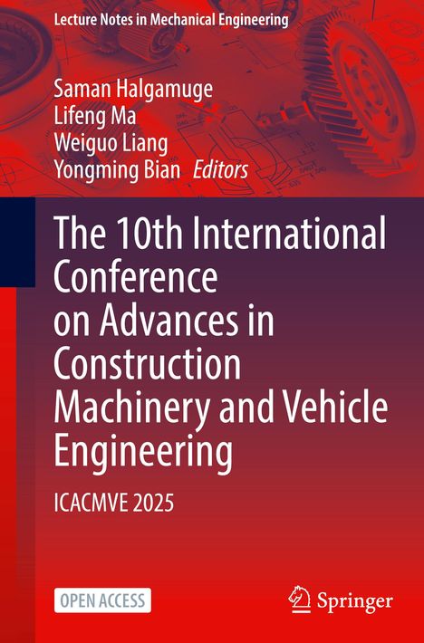 Cover der "10th International Conference on Advances in Construction Machinery and Vehicle Engineering". Illustration: Zahnräder und technische Zeichnungen in Rot.