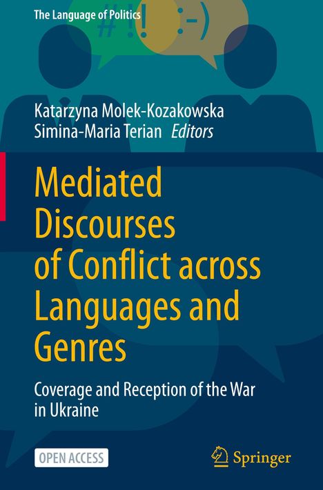 „Mediated Discourses of Conflict across Languages and Genres“; Illustrationen von Sprechblasen und zwei silhouettierte Figuren.