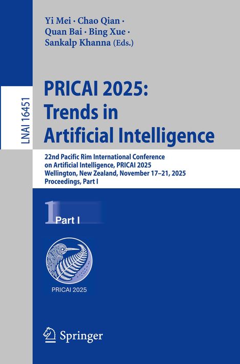 Titel: PRICAI 2025: Trends in Artificial Intelligence. Blaue Abstraktion mit Vogel- und Farnzeichnung.