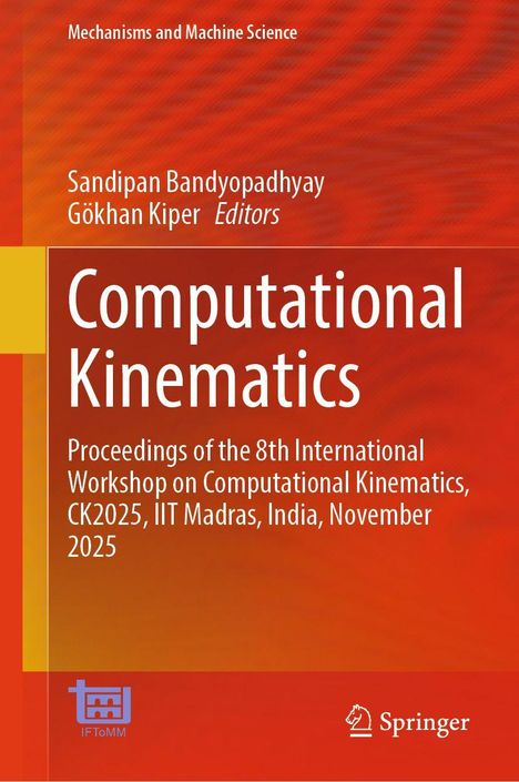 "Computational Kinematics" auf rotem Hintergrund mit kleinen, gelben und orangenen Details. Es enthält Logos und Namen.