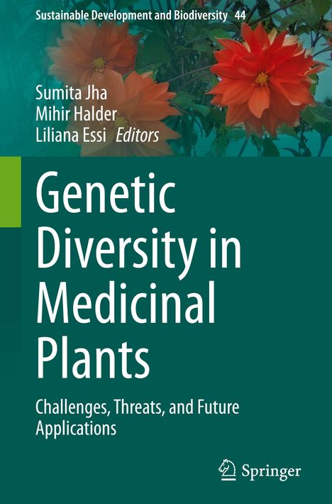 Titel: "Genetic Diversity in Medicinal Plants". Hintergrund: Rote Blumen. 