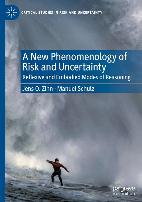 Blaues Buchcover: "A New Phenomenology of Risk and Uncertainty" von Jens O. Zinn und Manuel Schulz. Surfer in großer Welle.