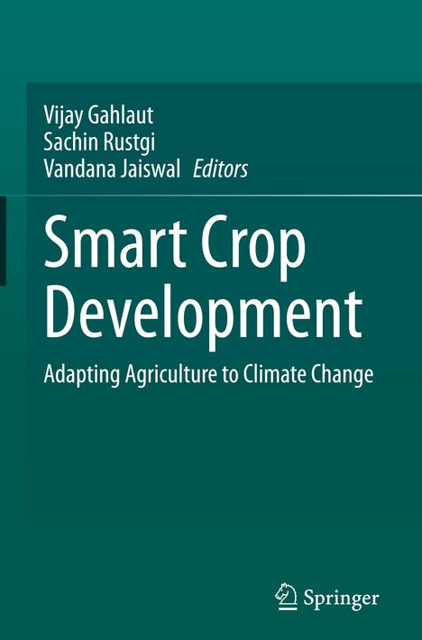 „Smart Crop Development: Adapting Agriculture to Climate Change“ in weißem Text, grüner Hintergrund.