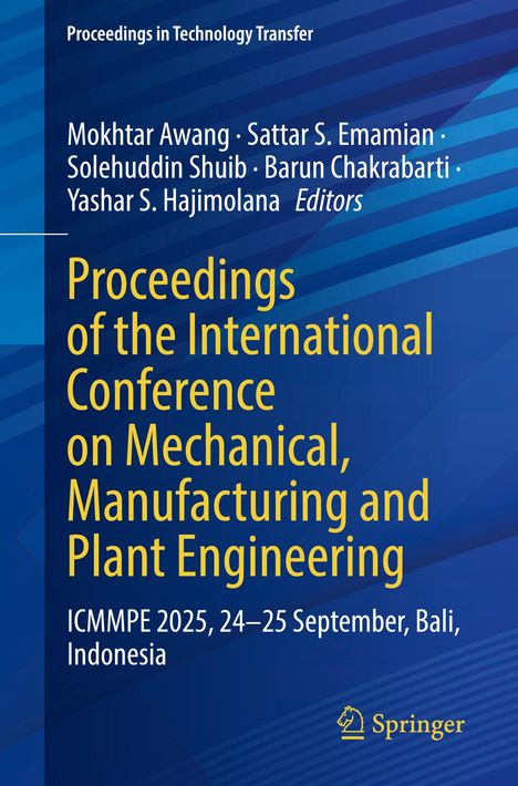 Text: Proceedings of the International Conference on Mechanical, Manufacturing and Plant Engineering, Bali 2025.  
Blauer Hintergrund mit Streifen.