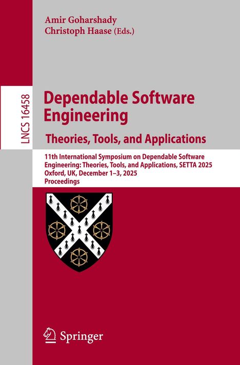 Titel: Dependable Software Engineering. Darunter ein Wappen mit Zahnrädern und Figuren. Springer-Logo unten.