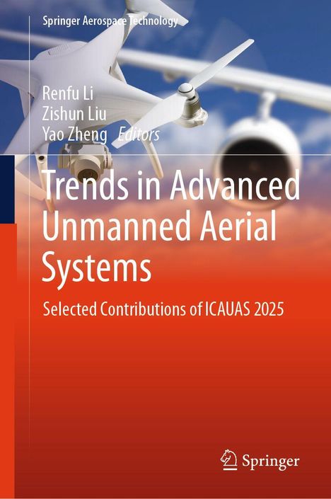 "Trends in Advanced Unmanned Aerial Systems" in Weiß auf orangenem Hintergrund. Drohne über unscharfem Flugzeug.