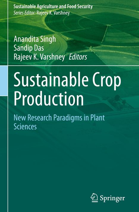 Buchtitel: Sustainable Crop Production. Oben und unten grüne Landschaft. Springer-Logo unten rechts.