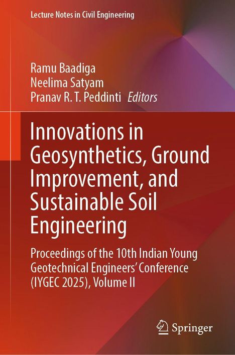 Titel: "Innovations in Geosynthetics, Ground Improvement, and Sustainable Soil Engineering." Roter Hintergrund.