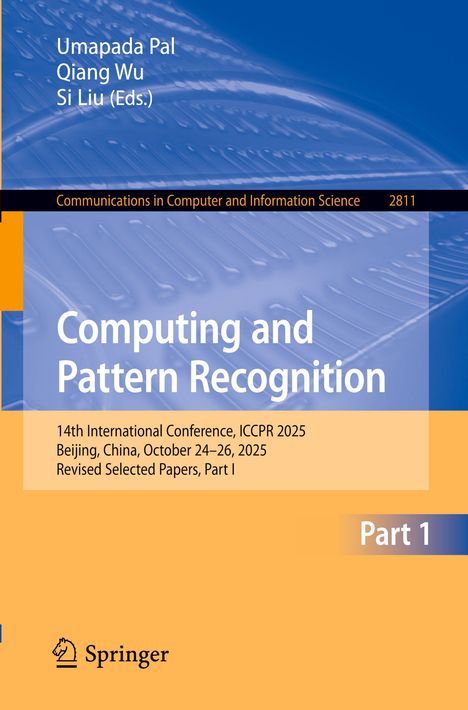 Text: "Computing and Pattern Recognition", Konferenzdetails darunter. Untere Hälfte orange, obere Hälfte blau mit Muster.