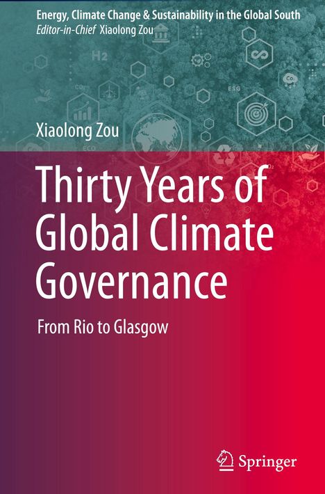 Oben: "Energy, Climate Change & Sustainability", unten: "From Rio to Glasgow", Hintergrund in Rottönen mit Symbolen.