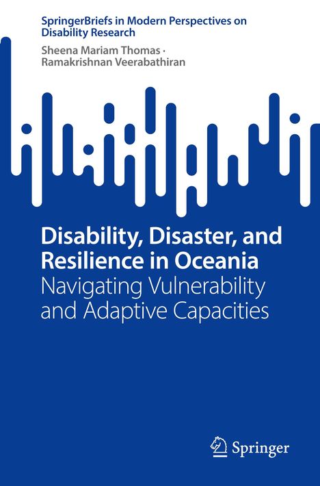 SpringerBriefs, Disability, Disaster, and Resilience in Oceania. Blau-weißes Design mit stilisierten Wellenformen.