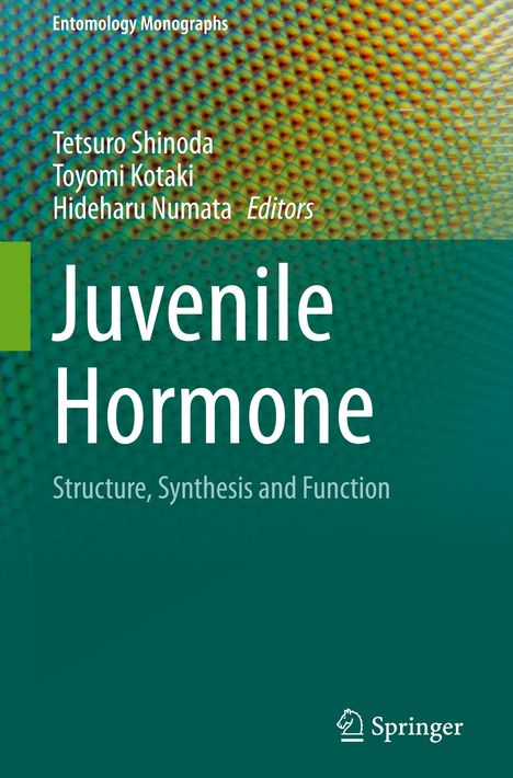 Titel: "Juvenile Hormone: Structure, Synthesis and Function". Hintergrund: bunte Zellstruktur.