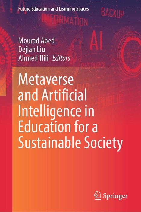 Buchtitel: "Metaverse and Artificial Intelligence in Education for a Sustainable Society". Illustration mit Tech-Motiven.