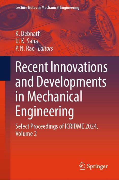 Titel: "Recent Innovations and Developments in Mechanical Engineering". Grafik: Zahnräder auf technischen Zeichnungen.