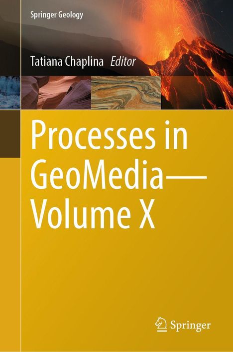 „Processes in GeoMedia—Volume X“, Springer Geology, Tatiana Chaplina Editor, mit Vulkan und Gesteinsmustern.
