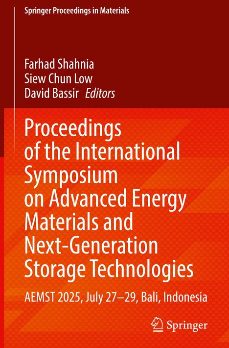 Buchtitel: Symposium zu Energie-Materialien, AEMST 2025, 27.-29. Juli, Bali. Roter Hintergrund, Springer-Logo unten.
