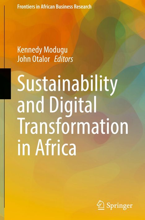 Buchcover mit dem Titel "Sustainability and Digital Transformation in Africa", bunte, abstrakte Hintergrundmuster.