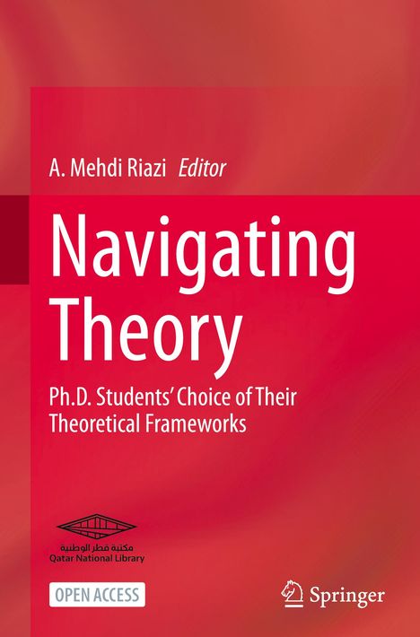 Text: "Navigating Theory: Ph.D. Students’ Choice of Their Theoretical Frameworks," Editor: A. Mehdi Riazi. Logo: Qatar National Library.
