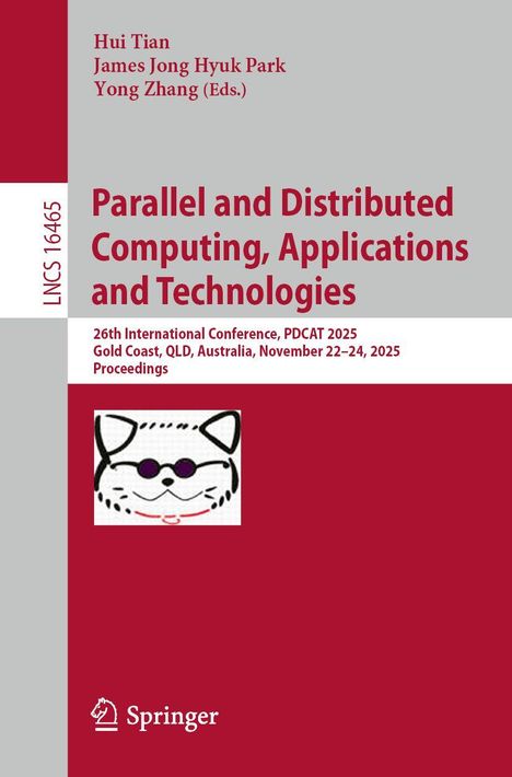Text: "Parallel and Distributed Computing, Applications and Technologies", darunter eine einfache Illustration einer Katze.