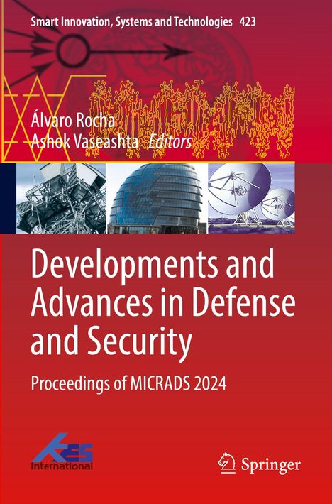 "Developments and Advances in Defense and Security" steht auf einem rot-gelbem Hintergrund, mit technischen Bildern oben.