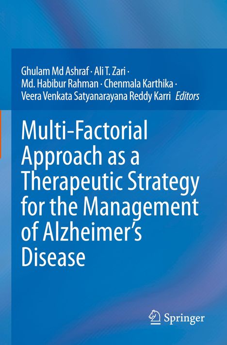 Titel: "Multi-Factorial Approach as a Therapeutic Strategy for Alzheimer's", blaue Farbverläufe, Springer-Logo.