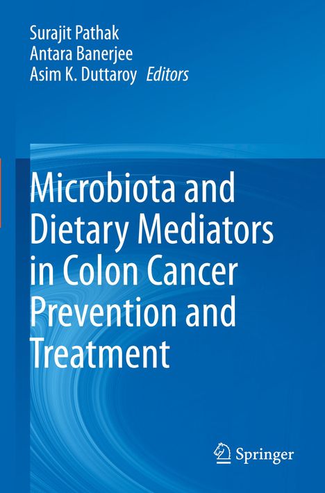 Blaues Cover, Text: Buchtitel "Microbiota and Dietary Mediators in Colon Cancer Prevention and Treatment". Springer-Logo.