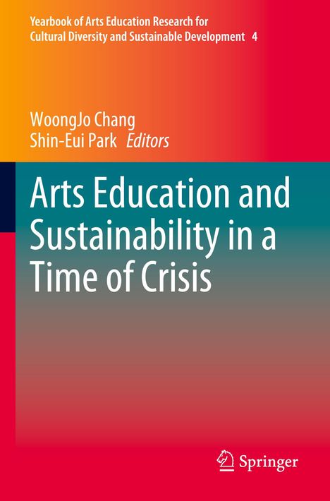 "Arts Education and Sustainability in a Time of Crisis." Oben orange zu rot, unten grün zu grau verlaufender Hintergrund.