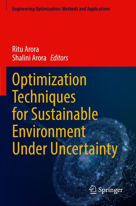 "Buchtitel: Optimization Techniques for Sustainable Environment Under Uncertainty. Oben rote und blaue Farbverläufe."