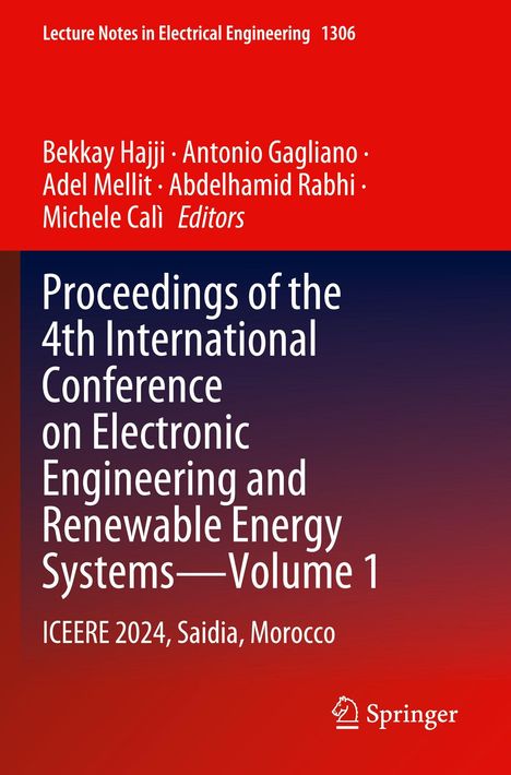 Cover mit rotem Hintergrund, Titel: "Proceedings of the 4th International Conference on Electronic Engineering and Renewable Energy Systems—Volume 1". ICEERE 2024, Saidia, Morocco. Springer-Logo unten rechts.