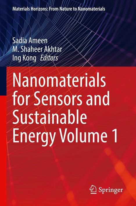 Nanomaterials for Sensors and Sustainable Energy Volume 1. Hintergrund mit Linienmuster in Blau und Rot.