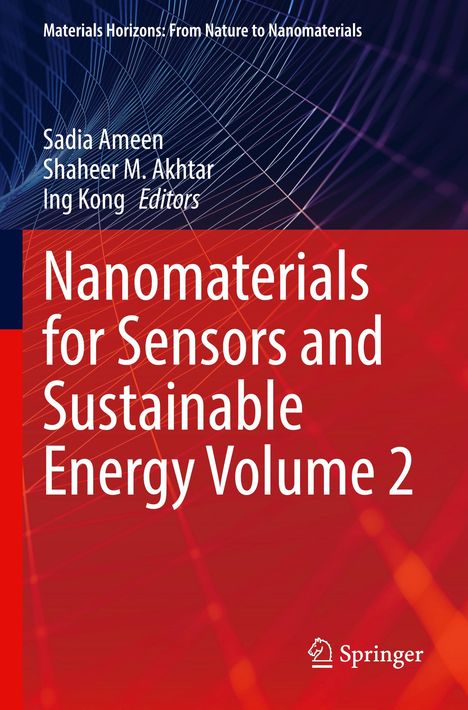 Titel: Nanomaterials for Sensors and Sustainable Energy Volume 2. Rote und blaue Hintergrundgrafik mit Linien.