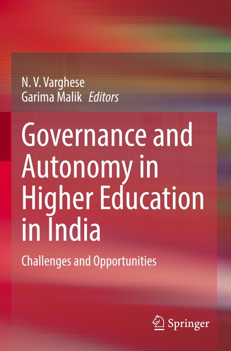 Titel: Governance and Autonomy in Higher Education in India. Hintergrund in Rot- und Brauntönen. Springer-Logo unten.