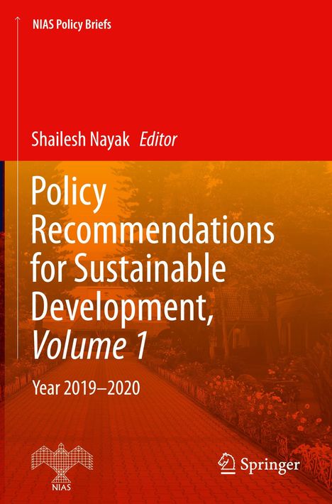 Titel: Policy Recommendations for Sustainable Development, Volume 1, 2019–2020. Roter und orangefarbener Hintergrund. Logos von NIAS und Springer.