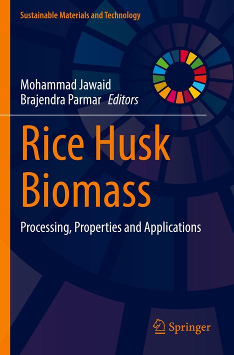 Text: "Sustainable Materials and Technology", "Mohammad Jawaid, Brajendra Parmar Editors", "Rice Husk Biomass", "Processing, Properties and Applications", "Springer". 

Hintergrund: Geometrisches Muster.