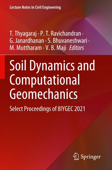Titel: Soil Dynamics and Computational Geomechanics, Herausgeber: T. Thyagaraj et al., Verlag: Springer. Roter Hintergrund.