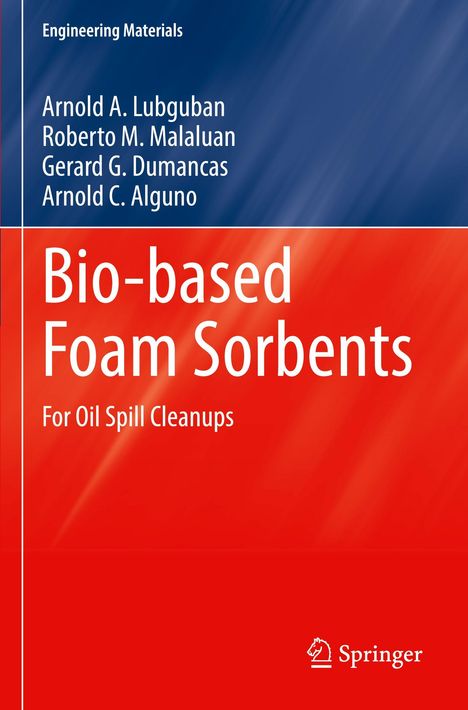 Titel: "Bio-based Foam Sorbents". Autoren: Arnold A. Lubguban, Roberto M. Malaluan. Blau-roter Hintergrund. Springer-Logo unten.