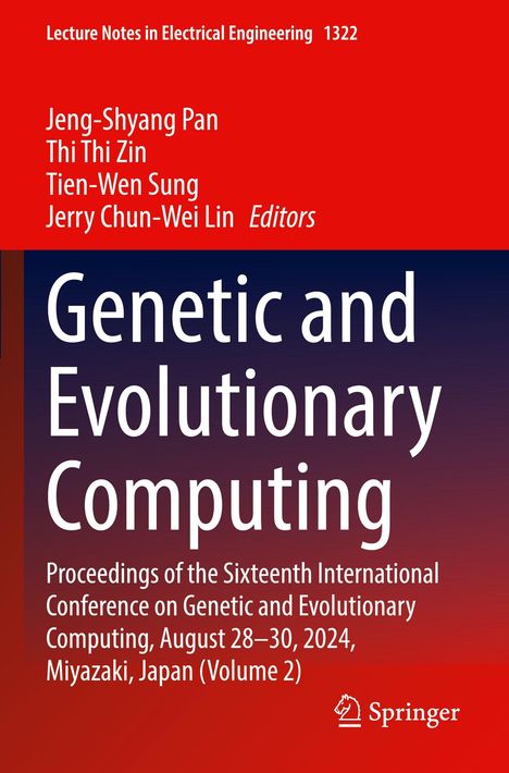"Genetic and Evolutionary Computing", Titel, Konferenz in Miyazaki, Japan, August 2024, rote und blaue Farben. Springer-Logo.