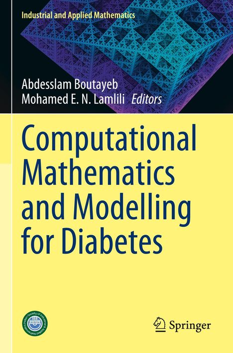 „Computational Mathematics and Modelling for Diabetes“, oben geometrische Muster, unten gelber Hintergrund mit Logos.