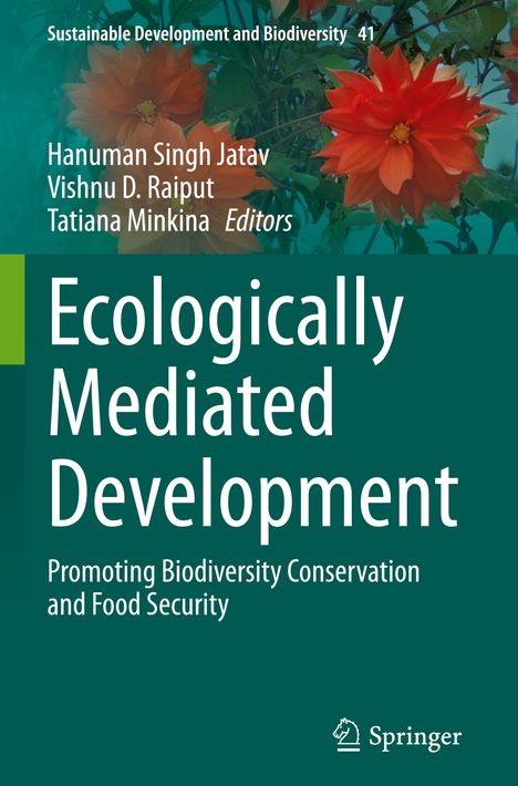 Text: "Ecologically Mediated Development"; Herausgeber: Hanuman Singh Jatav, Vishnu D. Raiput, Tatiana Minkina; rote Blumen.