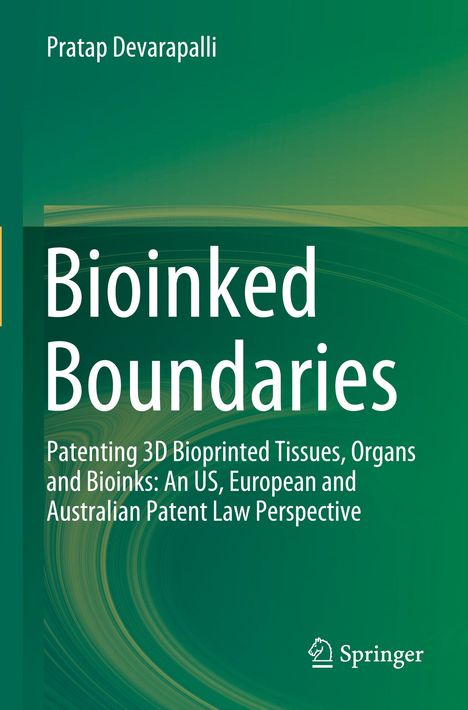 Titel: "Bioinked Boundaries". Autor: Pratap Devarapalli. Thema: Patentierung biogedruckter Gewebe. Grüner Hintergrund.