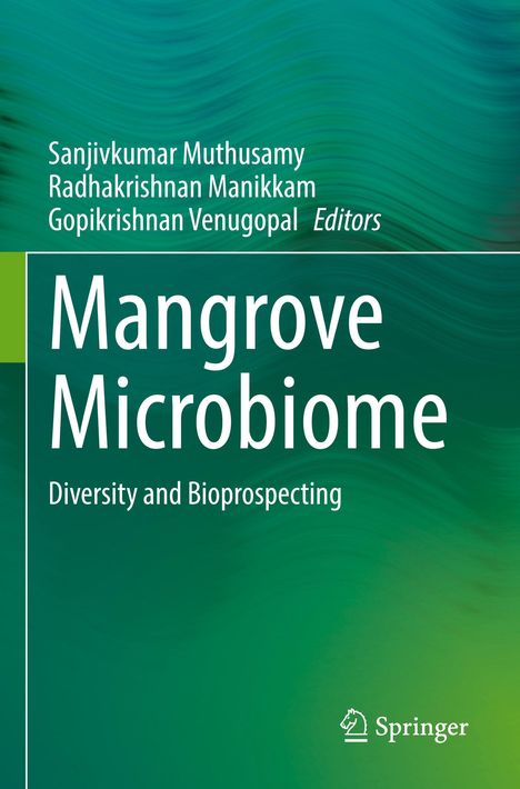 Titel: Mangrove Microbiome. Untertitel: Diversity and Bioprospecting. Autoren: Sanjivkumar, Radhakrishnan, Gopikrishnan. Grüntöne. Springer-Logo.