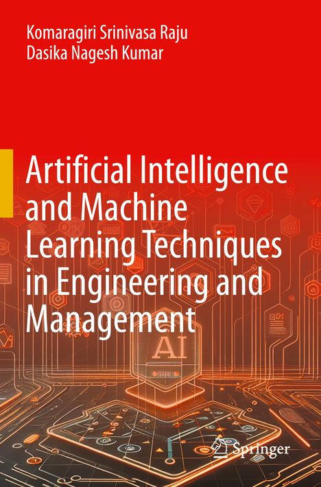 "Artificial Intelligence and Machine Learning Techniques in Engineering and Management." Oben rote Fläche, darunter technische Zeichnungen.